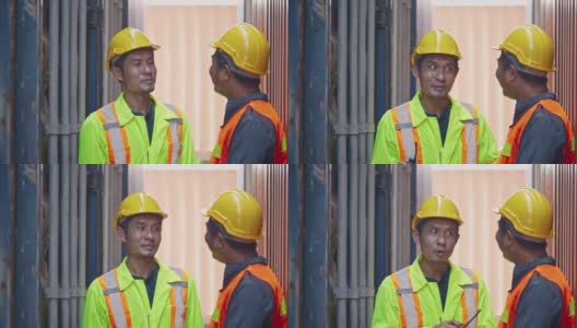 亚洲建筑工人在工厂里问候和工作会议。亚洲工程师的团队合作。配合植物结构分析。快乐的团队高清在线视频素材下载