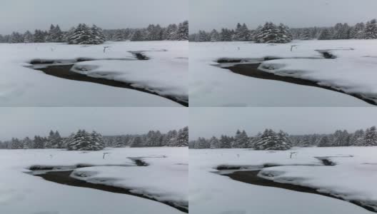 冬天的风景。近距离观察从山间流淌的河水融化着深深的白雪。背景。高清在线视频素材下载
