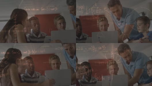 数学方程漂浮在白人男性教师教学生使用笔记本电脑高清在线视频素材下载