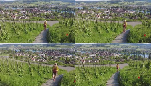 在瑞士葡萄园里奔跑的女人高清在线视频素材下载
