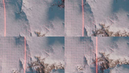 山脉的卫星扫描图。一条红色扫描线穿过岩石地形、山脉和山峰，卫星分析表面并使用人工智能制作出该地区的三维地图。高清在线视频素材下载