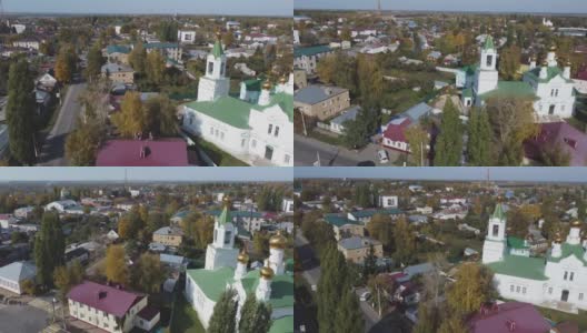 2021年10月07日，俄罗斯利佩茨克地区的Chaplygin，从村庄乡村的空中摄影高度飞过上帝之家的教堂。高清在线视频素材下载