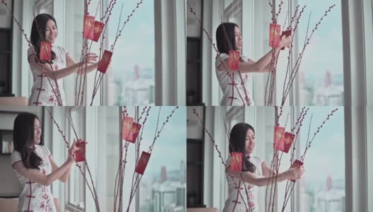 中国新年美丽的女人用柳树装饰客厅和装饰红包昂炮准备家庭团聚高清在线视频素材下载