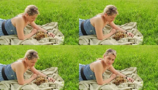 可爱的女孩在农场玩小鸭。夏天的活动。高清在线视频素材下载