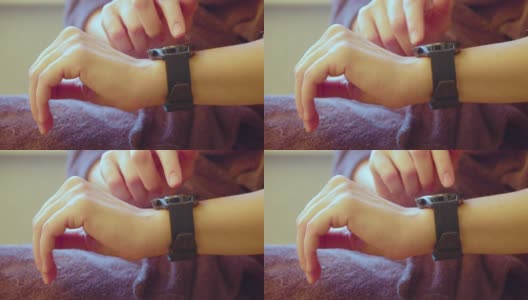 女人的手与智能手表。她在家监测自己的健康状况高清在线视频素材下载