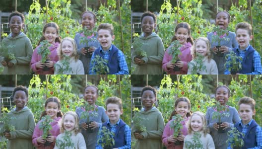 多种族儿童一起站在社区花园高清在线视频素材下载