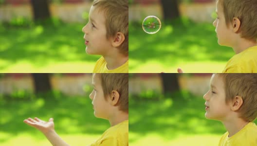 小男孩在户外玩肥皂泡高清在线视频素材下载