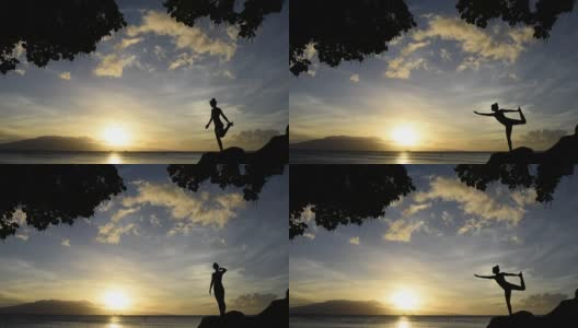 日落时分，年轻女子在海边做瑜伽高清在线视频素材下载