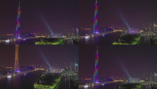 夜间照明著名的广州市市中心滨江湾塔演唱会体育场航拍全景4k中国高清在线视频素材下载