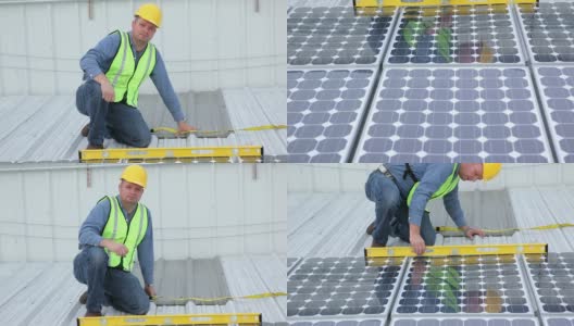 承包商在工业屋顶安装太阳能板，肖像高清在线视频素材下载