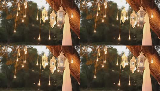 装饰仿古爱迪生风格的灯丝灯泡挂在树林里，玻璃灯笼，夜间装饰花园的灯，魔幻森林里，灯泡和辉光挂在森林的树上高清在线视频素材下载