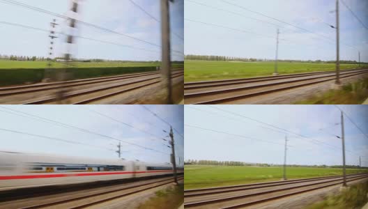 从窗口看到迎面而来的火车。开车时从窗口看火车高清在线视频素材下载