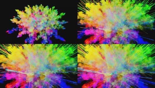 爆炸的火药孤立在黑色背景。3d动画的粒子作为彩色的背景或覆盖效果。迸发出彩虹般的色彩，粉饼呈现出明亮如胡里节。36高清在线视频素材下载