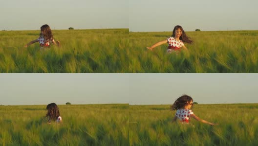 一个快乐的小女孩正在麦田里纺纱高清在线视频素材下载
