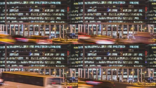 城市立交桥上的夜间交通，背景是摩天大楼高清在线视频素材下载