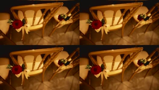 室内婚礼场地椅子与玫瑰花高清在线视频素材下载