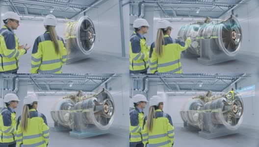 工业4.0:两名工程师站在工厂车间，用增强现实3D模型引擎交谈，分析组件，燃料使用效率。特效特效，图形可视化高清在线视频素材下载