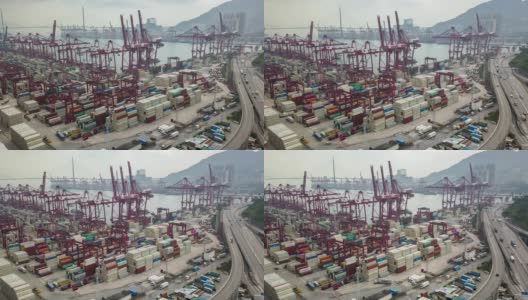 航拍香港葵青货柜码头无人驾驶飞机高清在线视频素材下载