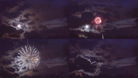 7月4日，美国独立日庆祝活动中，在黑暗的天空中，满月带来了戏剧性的气氛高清在线视频素材下载