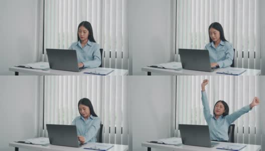 年轻的亚洲女性坐在办公室里舒展肌肉，缓解压力。高清在线视频素材下载