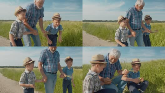 爷爷带着孙子走在田边的土路上高清在线视频素材下载