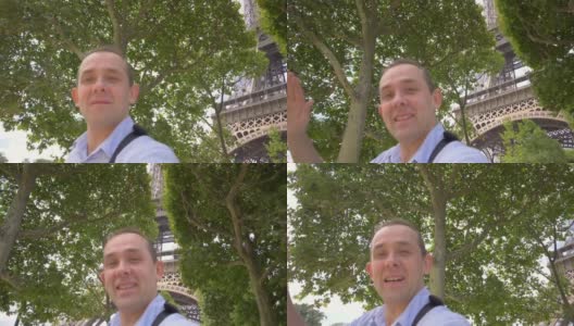 一名男子在巴黎埃菲尔铁塔下游玩，慢镜头180fps高清在线视频素材下载