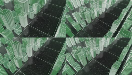 明亮美丽的霓虹灯线框抽象的数字城市中心与摩天大楼在黑色的背景。动画。数字技术和商业概念，3d模拟城市街道高清在线视频素材下载