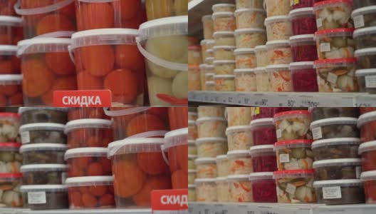 超市货架上的各种泡菜高清在线视频素材下载