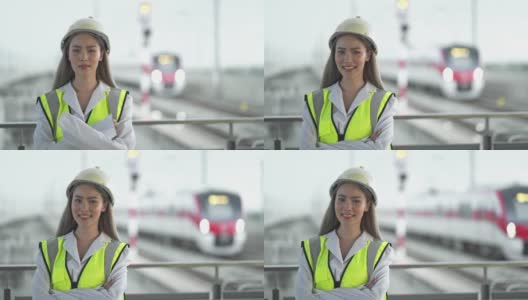 女工程师在火车站双臂交叉的肖像高清在线视频素材下载