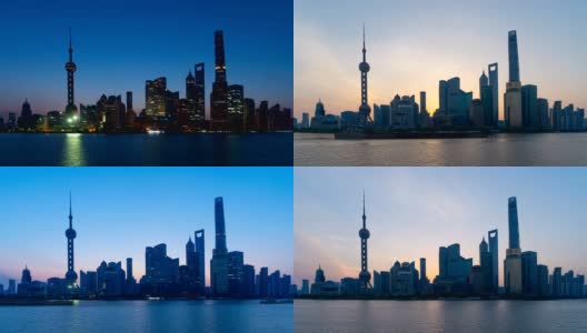 中国黄浦江畔的上海市区天际线上的明珠，从夜晚到白天的时间流逝。智慧城市的金融区和商业中心。外滩附近有摩天大楼和高层建筑。高清在线视频素材下载