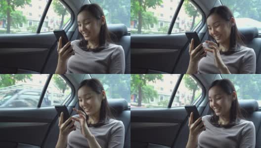 年轻女子玩在车里使用手机高清在线视频素材下载