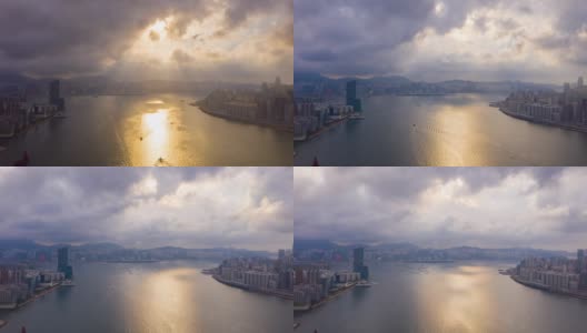 4K Hyperlapse: Sunrise Aerial view香港摩天大楼无人机飞行与发展建筑，交通，能源电力基础设施。亚洲金融和商业中心高清在线视频素材下载