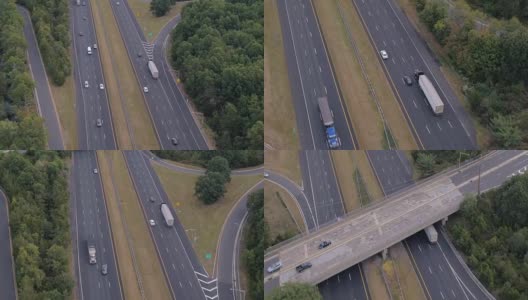 空中镜头:早上在州际公路上飞驰的半卡车和私家车高清在线视频素材下载