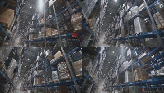 相机在仓库中与订购的货物和材料的调色板之间移动高清在线视频素材下载