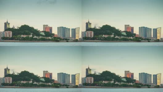 中国日落珠海湾澳门城市酒店海岸线全景4k时间高清在线视频素材下载