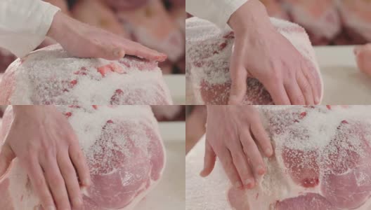 在火腿工厂，按照意大利的传统，火腿是手工腌制的。高清在线视频素材下载