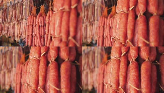 挂在肉店的香肠高清在线视频素材下载