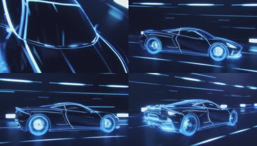 3D汽车模型:跑车在高速行驶的详细剪影，赛车通过隧道进入光。用蓝色线条制成的蓝色超级跑车在高速公路上快速行驶。视效特殊效果高清在线视频素材下载