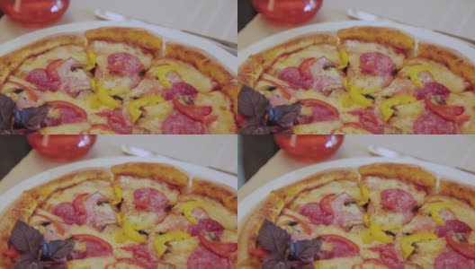 新鲜的热披萨配上香肠和奶酪放在白色的盘子里高清在线视频素材下载