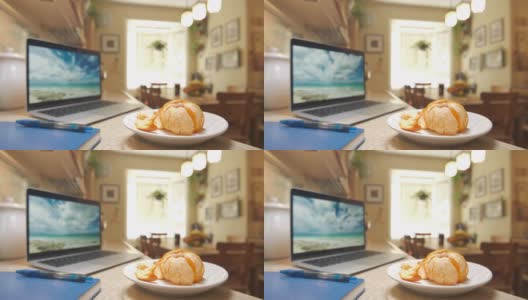带笔记本电脑的厨房场景高清在线视频素材下载