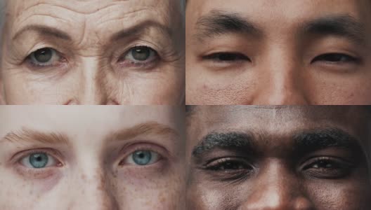 眼睛的拼贴美丽的人不同的年龄和多民族的特写。正面人类看着镜头的蒙太奇。多民族、平等、多元、种族、民族观高清在线视频素材下载
