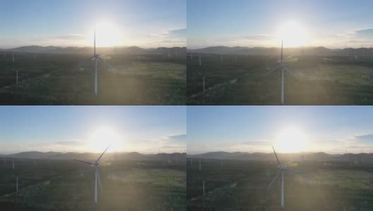 黄昏时壮丽风电场的高视角高清在线视频素材下载