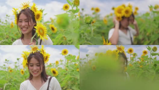 快乐的女人在向日葵地里把向日葵戴在头上高清在线视频素材下载