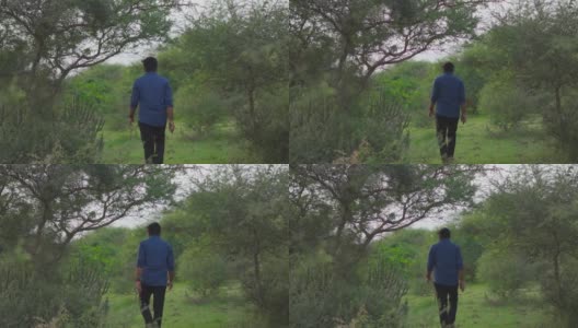 一名印第安人在森林中行走，手里拿着手机高清在线视频素材下载