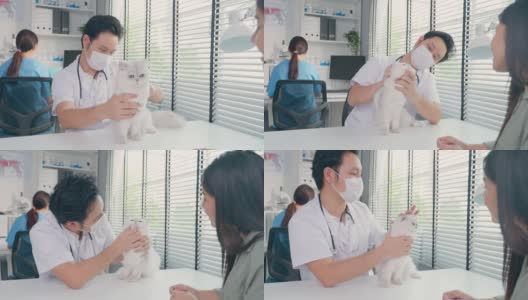 亚洲兽医在兽医诊所预约时为猫检查。在宠物医院，专业兽医男和小猫主人坐在带着听诊器工作的桌子上检查小动物。高清在线视频素材下载