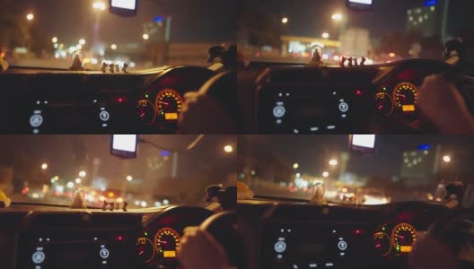 在一个城市的夜晚大街上特写的驾驶汽车高清在线视频素材下载