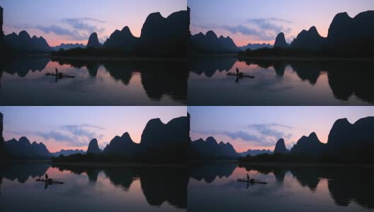 渔民在早上捕鱼，漓江，阳朔，广西桂林，中国高清在线视频素材下载