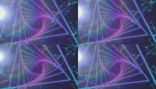 动画紫色发光的霓虹灯隧道旋转在蓝色的背景高清在线视频素材下载