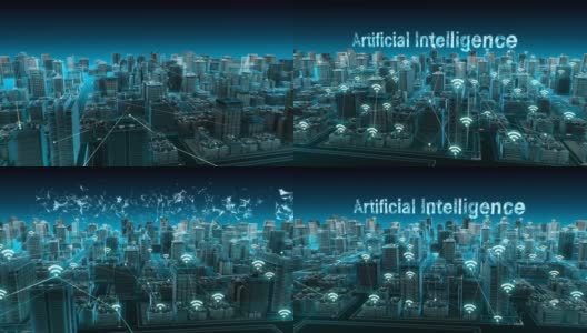 智能城市的无线智能传感器图标，连接“人工智能”技术。蓝色x射线鸟瞰图。4 k动画。高清在线视频素材下载