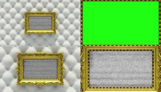 相机放大到豪华的白色内饰背景上的金色相框。电视噪音和绿色色度键在屏幕上播放。3 d动画。高清在线视频素材下载